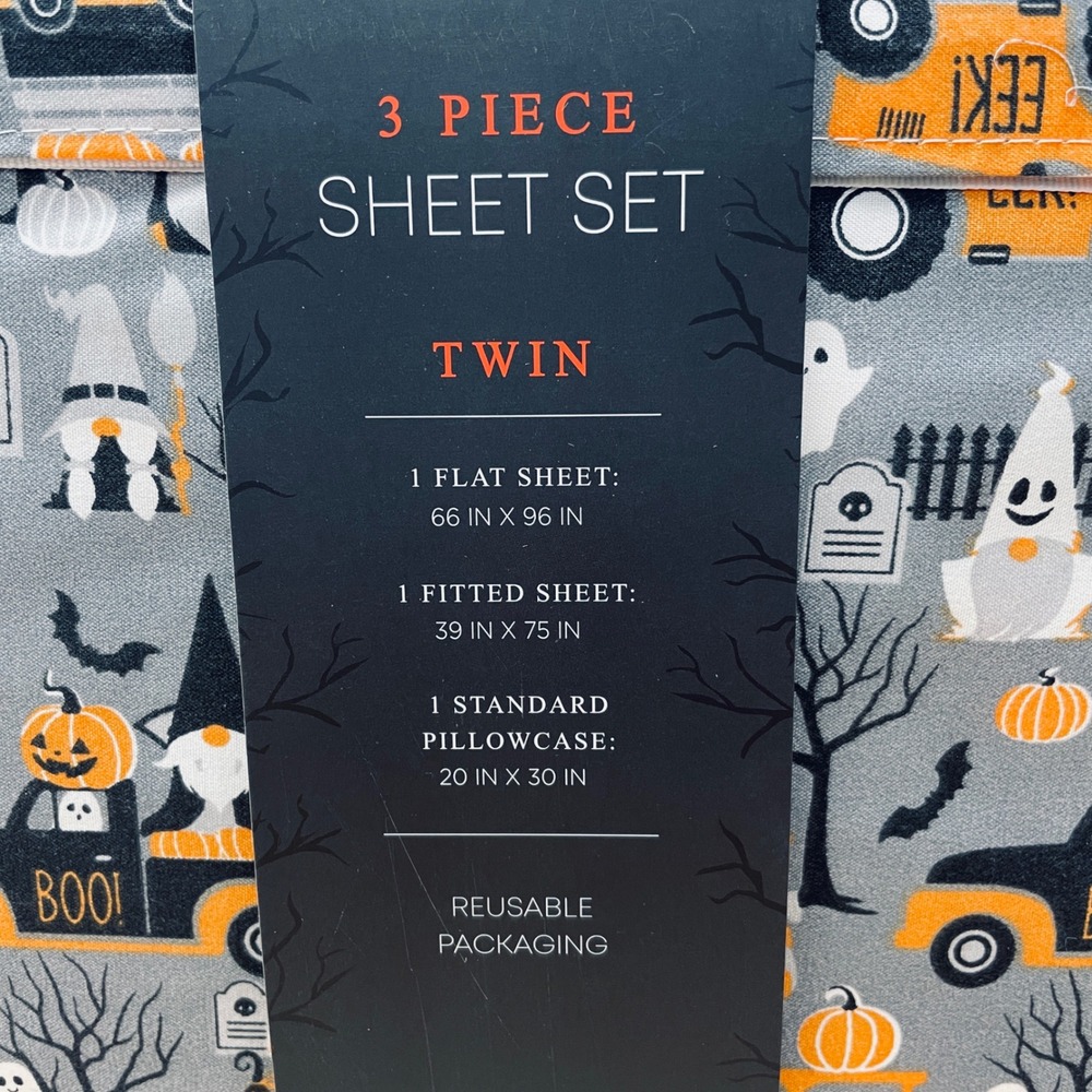 Spooky Story Halloween Twin Sheet Set 3 Piece Gnome Ghost Pumpkin Grey Orange